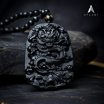 Men Obsidian Zodiac Dragon Pendant Necklace - ATLAS 1