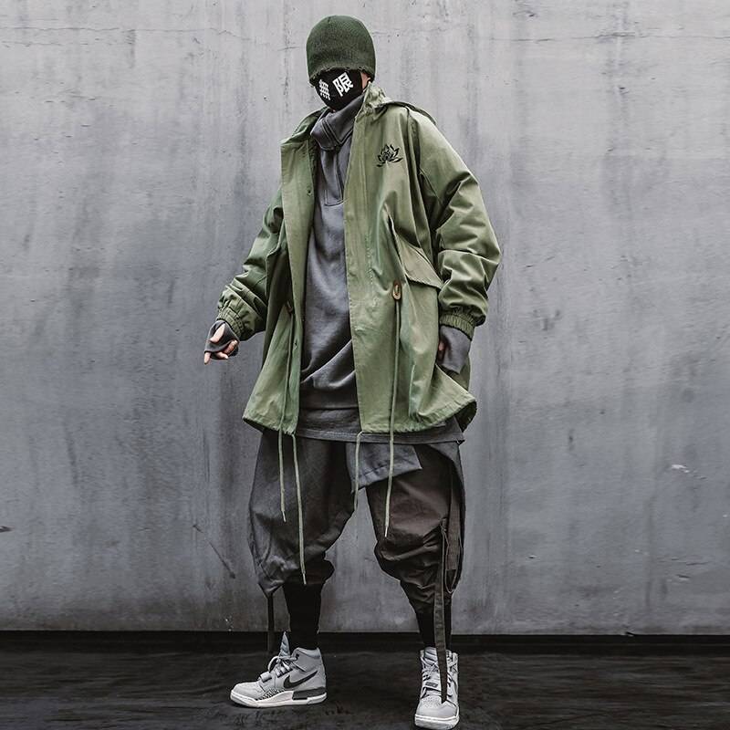 11 BYBB&#8217;S DARK Black Cargo Windbreaker Jackets Streetwear Men Flower Embroidery Jacket Hooded 2021 Loose Coats WB076 