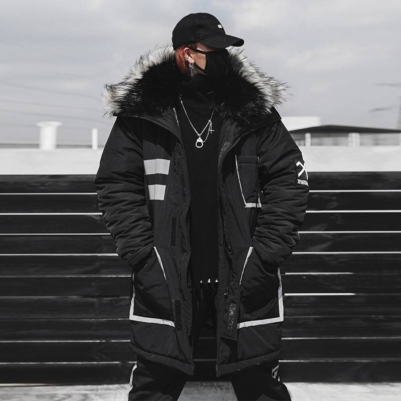11 BYBB&#8217;S DARK Black Winter Thick Jacket Parkas Men Hooded Fur Collar Coats Parka Streetwear Mens Hip Hop Long Warm Coats DG175 