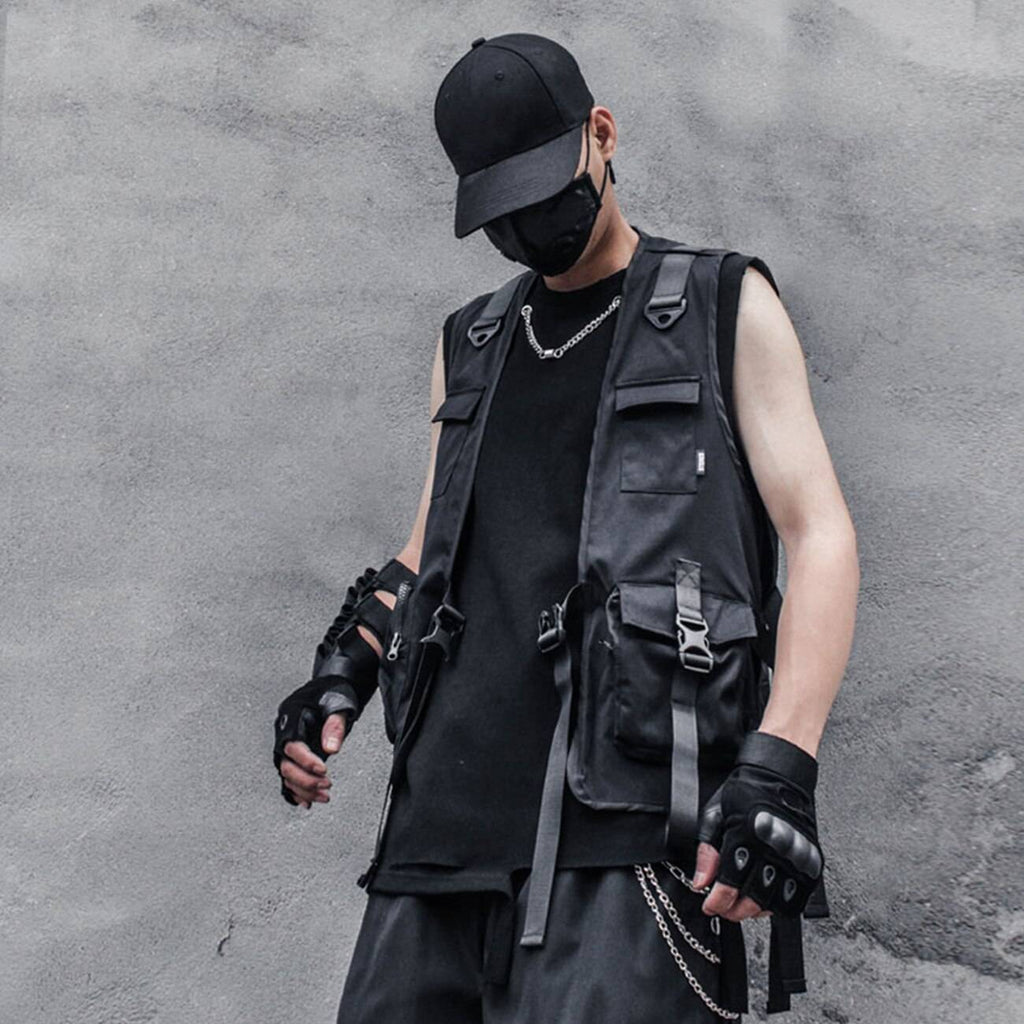 11 BYBB&#8217;S DARK Men Multifunction Tactical Sleeveless Cargo Vests Streetwear Buckle Ribbons Multi Pockets Vests Techwear Overalls 