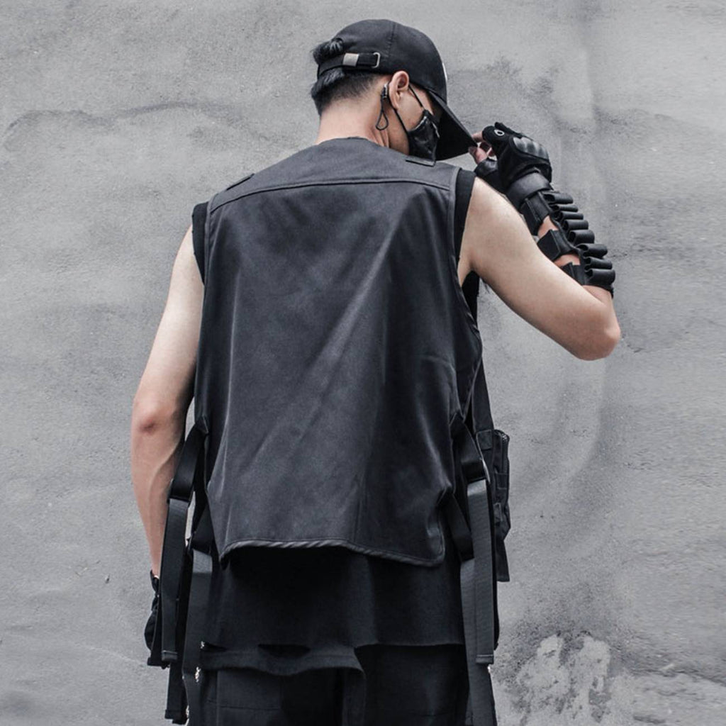 11 BYBB&#8217;S DARK Men Multifunction Tactical Sleeveless Cargo Vests Streetwear Buckle Ribbons Multi Pockets Vests Techwear Overalls 