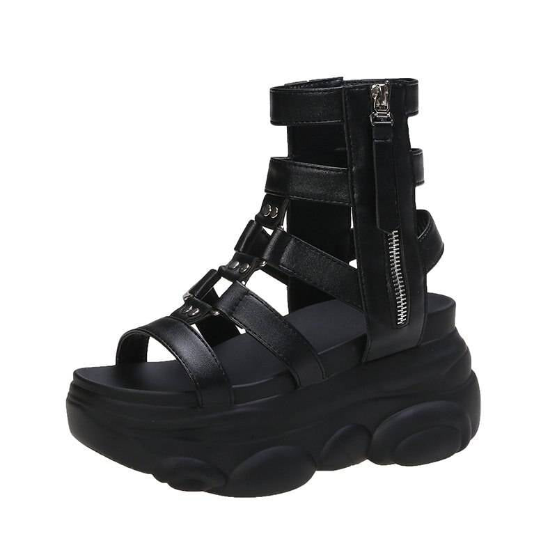 2020 New Fashion Leather Hollow Out Gladiator Platform Sandals Women Wedge High Heels Summer Shoes Woman Punk Chunky Sandalias color: black Shoe Size: 34 