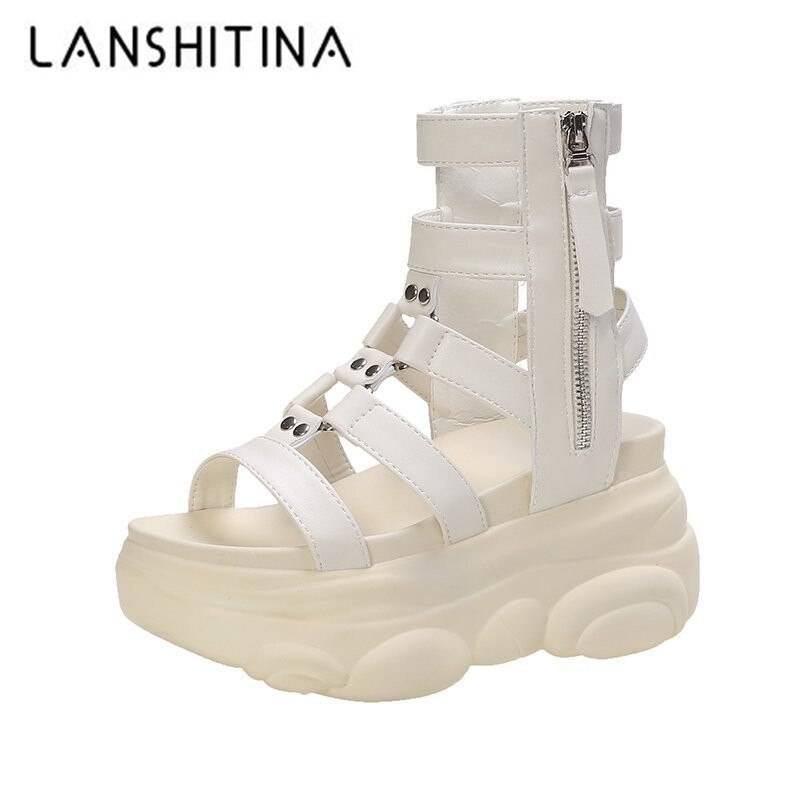 2020 New Fashion Leather Hollow Out Gladiator Platform Sandals Women Wedge High Heels Summer Shoes Woman Punk Chunky Sandalias color: Beige Shoe Size: 34 
