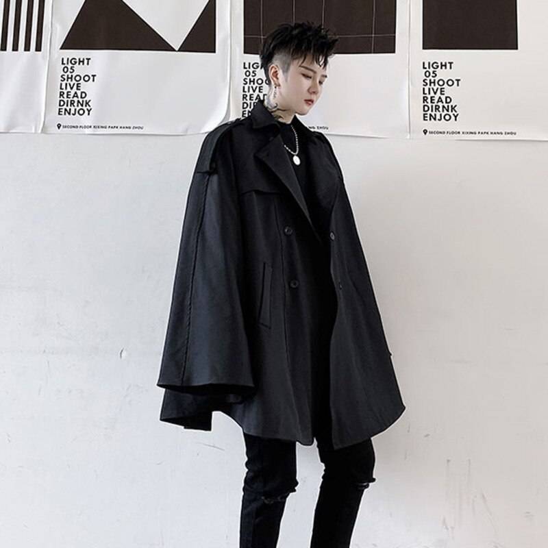 2021 Autumn Double Breasted Men&#8217;s Cape-type With Sleeves Windbreaker Coat Cloak Black Mid Length Oversized Trench 