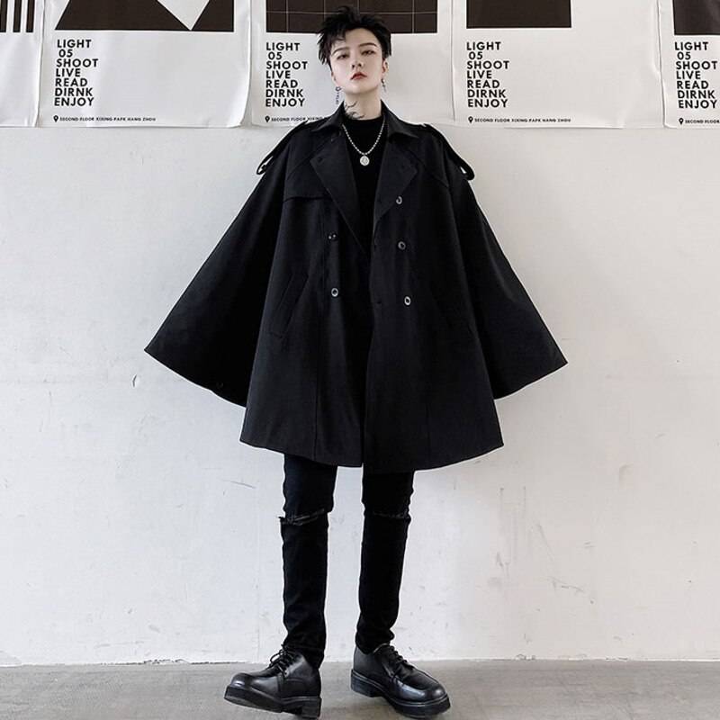 2021 Autumn Double Breasted Men&#8217;s Cape-type With Sleeves Windbreaker Coat Cloak Black Mid Length Oversized Trench 