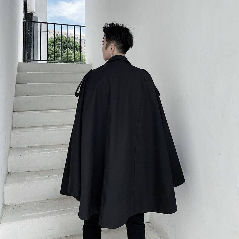 2021 Autumn Double Breasted Men&#8217;s Cape-type With Sleeves Windbreaker Coat Cloak Black Mid Length Oversized Trench 