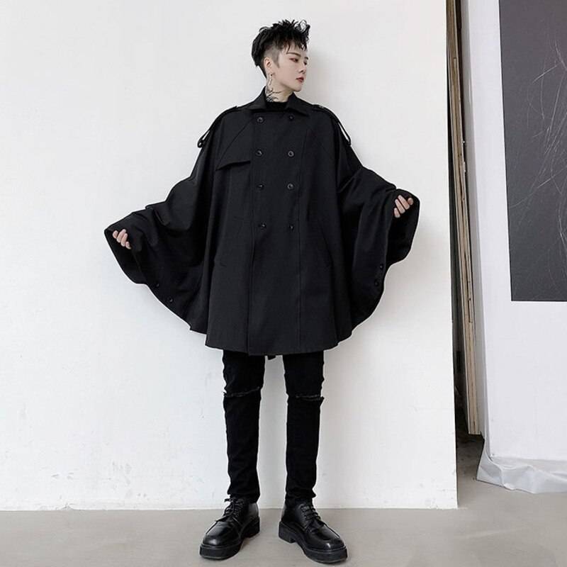 2021 Autumn Double Breasted Men&#8217;s Cape-type With Sleeves Windbreaker Coat Cloak Black Mid Length Oversized Trench 