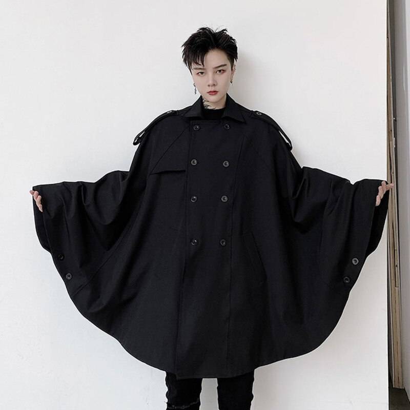 2021 Autumn Double Breasted Men&#8217;s Cape-type With Sleeves Windbreaker Coat Cloak Black Mid Length Oversized Trench 
