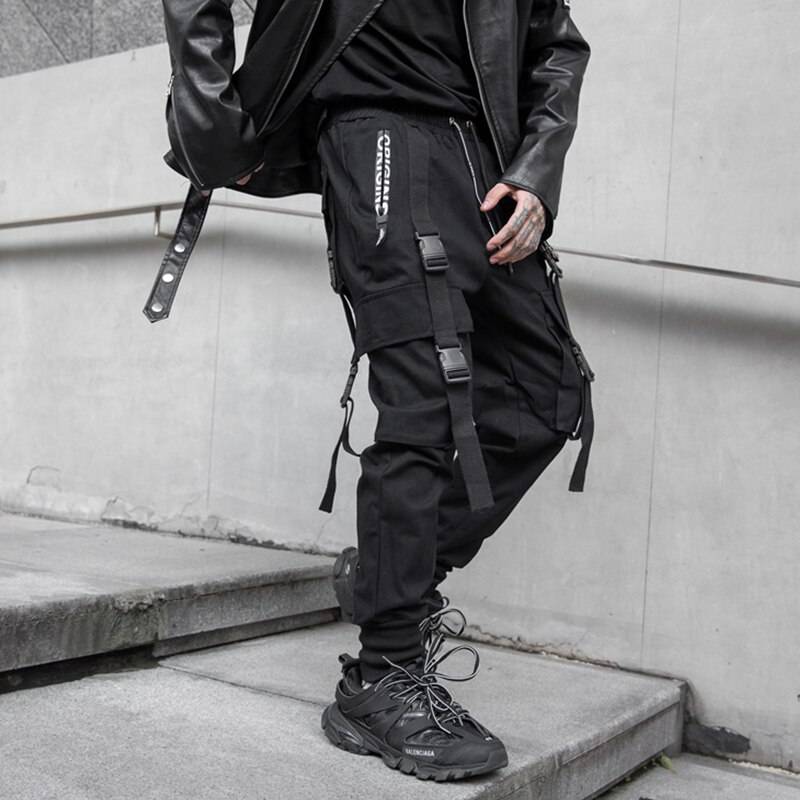 2021 Autumn Side Zipper Pockets Ribbons Men&#8217;s Jogger Trousers Cotton Hip Hop Streetwear Sweatpants Pencil Pants Black 