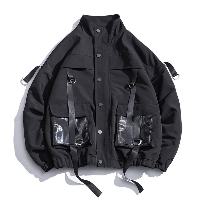 2021 Men Military Jacket Coats Casual Windbreaker Ribbons Pockets Men’s Overalls Bomber Jacket Hip Hop Streetwear Man Outwear color: black size: M 