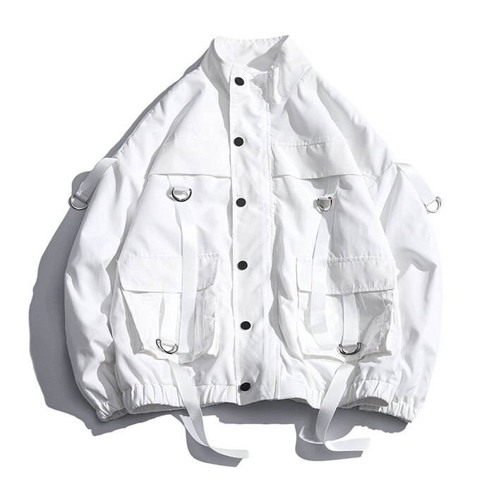 2021 Men Military Jacket Coats Casual Windbreaker Ribbons Pockets Men’s Overalls Bomber Jacket Hip Hop Streetwear Man Outwear color: White size: XL 