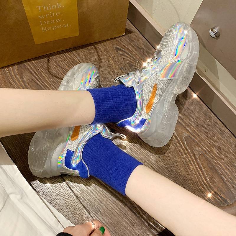 2021 Spring Trend Women Transparent Sneakers Harajuku Platform Woman Shoes Laser Jelly Casual Shoes Shining Shoes Running Shoes 