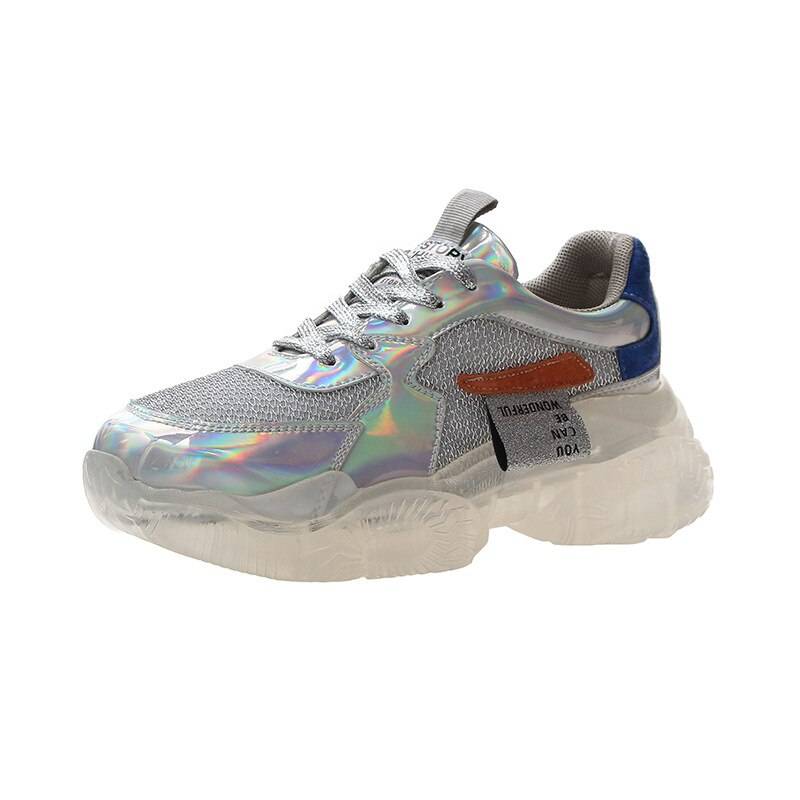 2021 Spring Trend Women Transparent Sneakers Harajuku Platform Woman Shoes Laser Jelly Casual Shoes Shining Shoes Running Shoes color: Silver Shoe Size: 35 