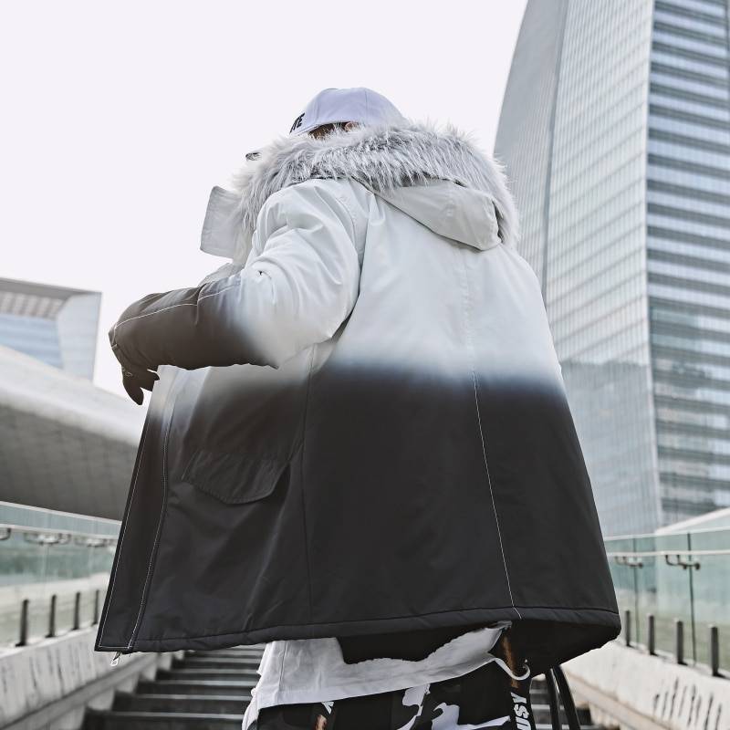 2021 Winter Warm Gradient Parkas Men Women Streetwear Thick Jackets Coat Fashion Harajuku Hoody Fur Collar Coats 