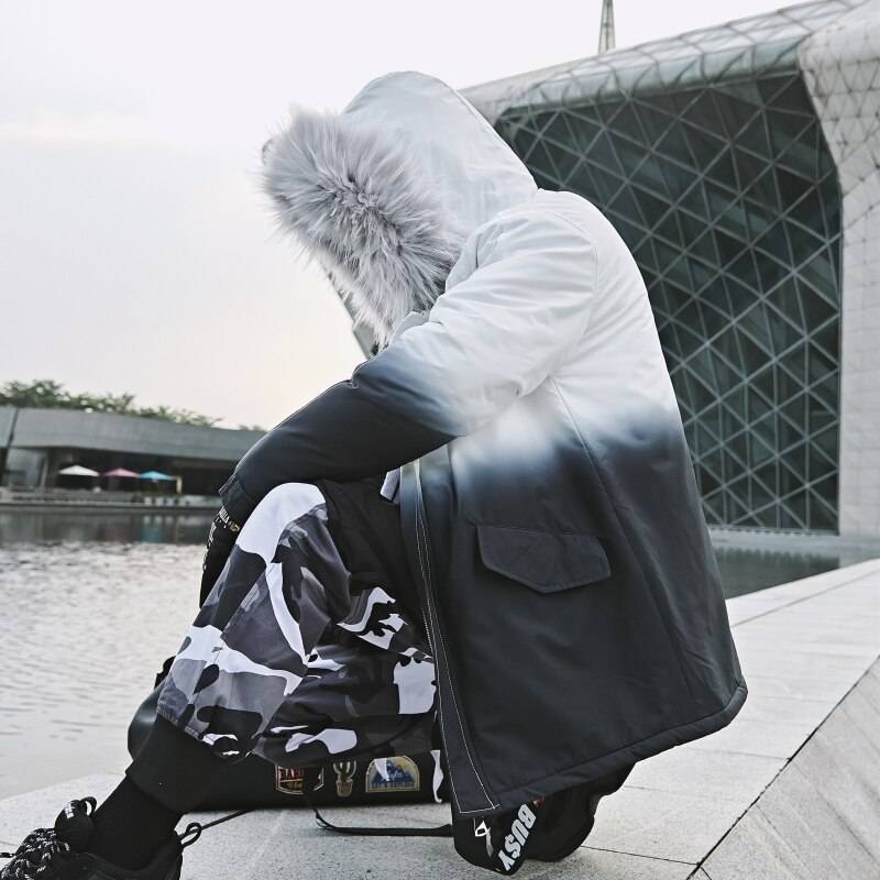 2021 Winter Warm Gradient Parkas Men Women Streetwear Thick Jackets Coat Fashion Harajuku Hoody Fur Collar Coats 