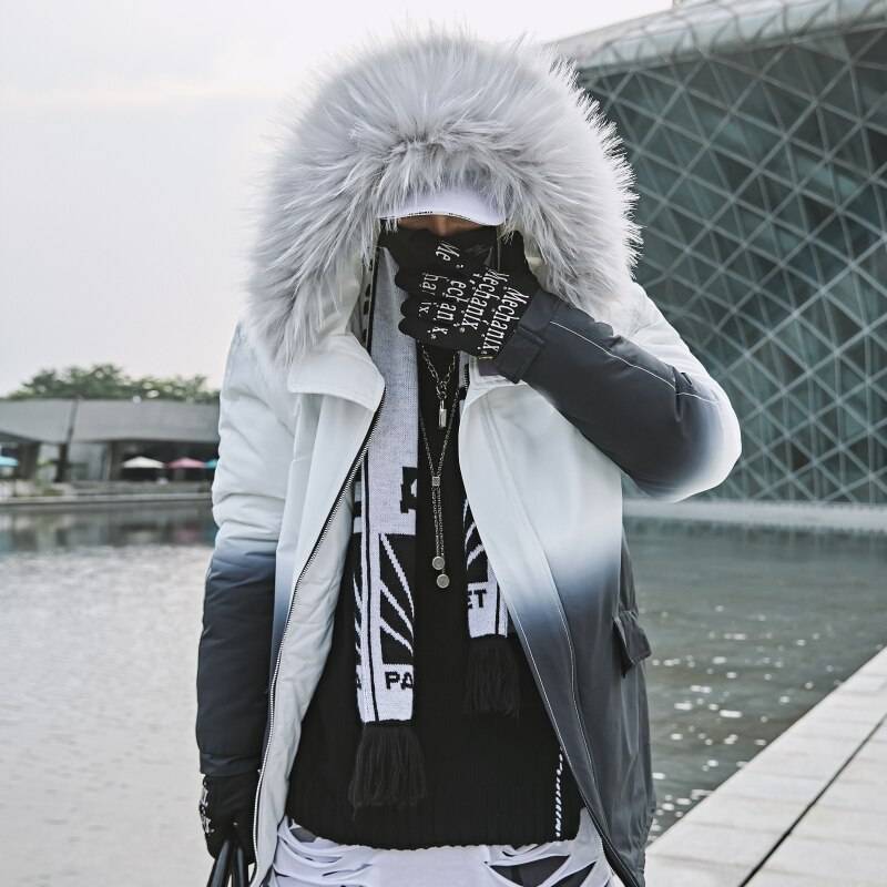 2021 Winter Warm Gradient Parkas Men Women Streetwear Thick Jackets Coat Fashion Harajuku Hoody Fur Collar Coats 