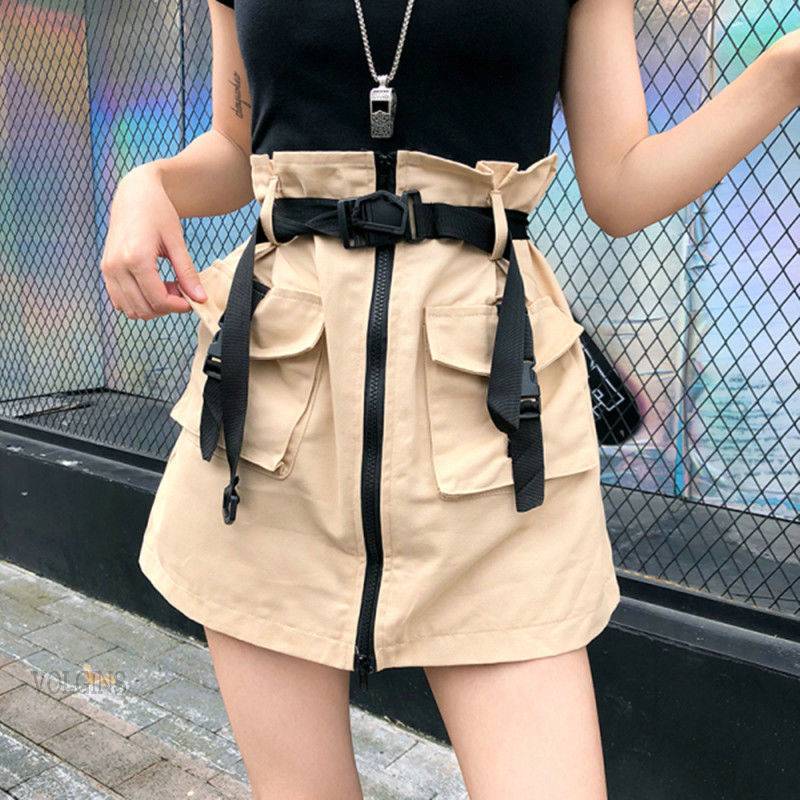 A Line Zipper Women Mini Cargo Skirts Pockets Sashes Slim Solid Ladies Short Skirt 2021 Summer Sexy Black Khaki Bottom Female 