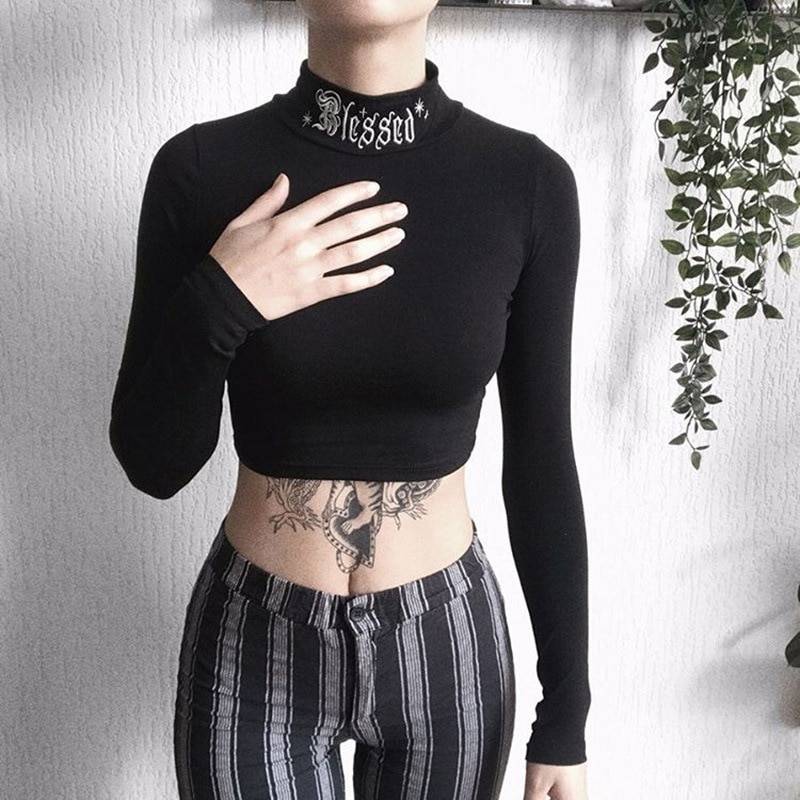 AltGirl Dark Goth T-shirt Women Blessed Letter Embroidered Turtleneck Slim Tumblr Clothes Y2K E-girl Punk Street Bottom Top Tees 