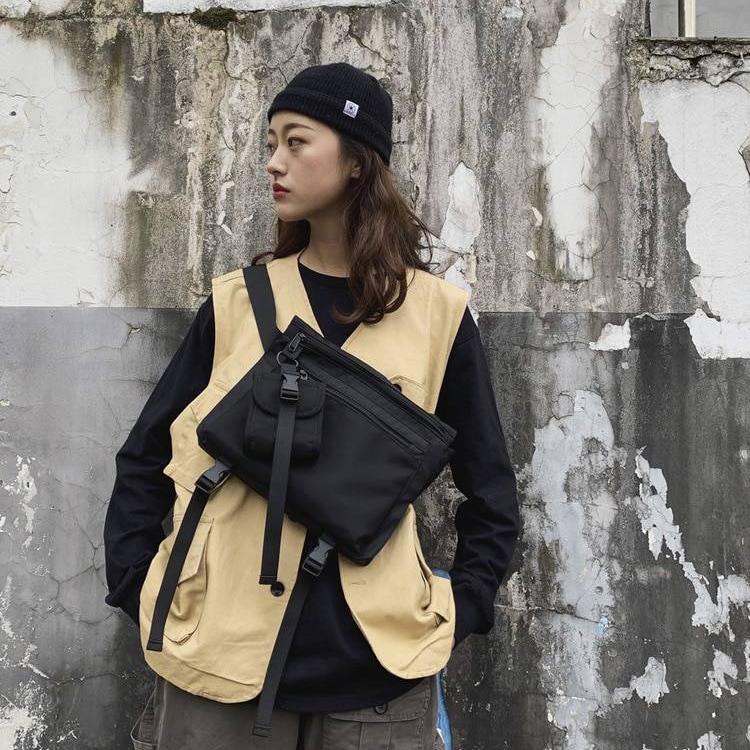 Black Tactical Straps Techwear Sling Bag 