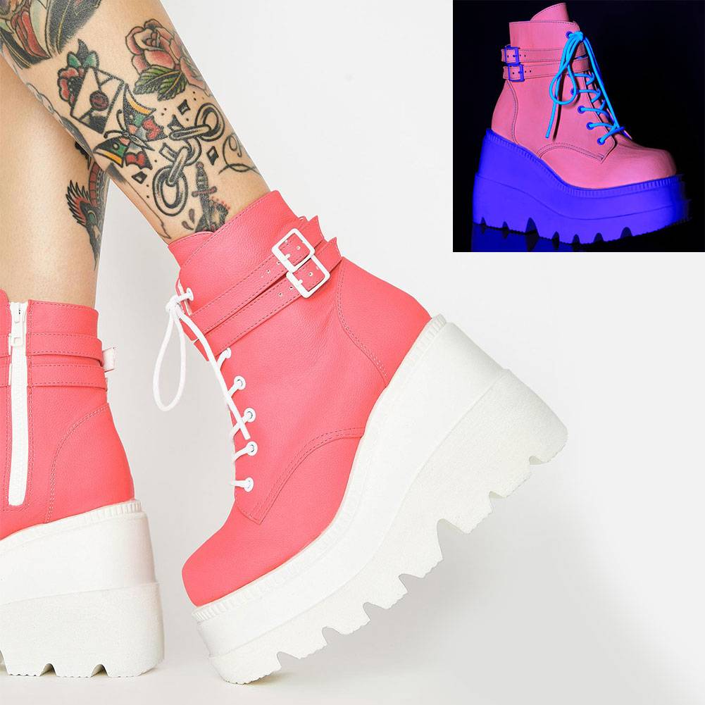 Brand Design 2021 Big sizes 43 Platform High Heels Cosplay Fashionable Autumn Winter Wedges Shoes Ankle Boots Women color: Pink Luminous Shoe Size: 9 