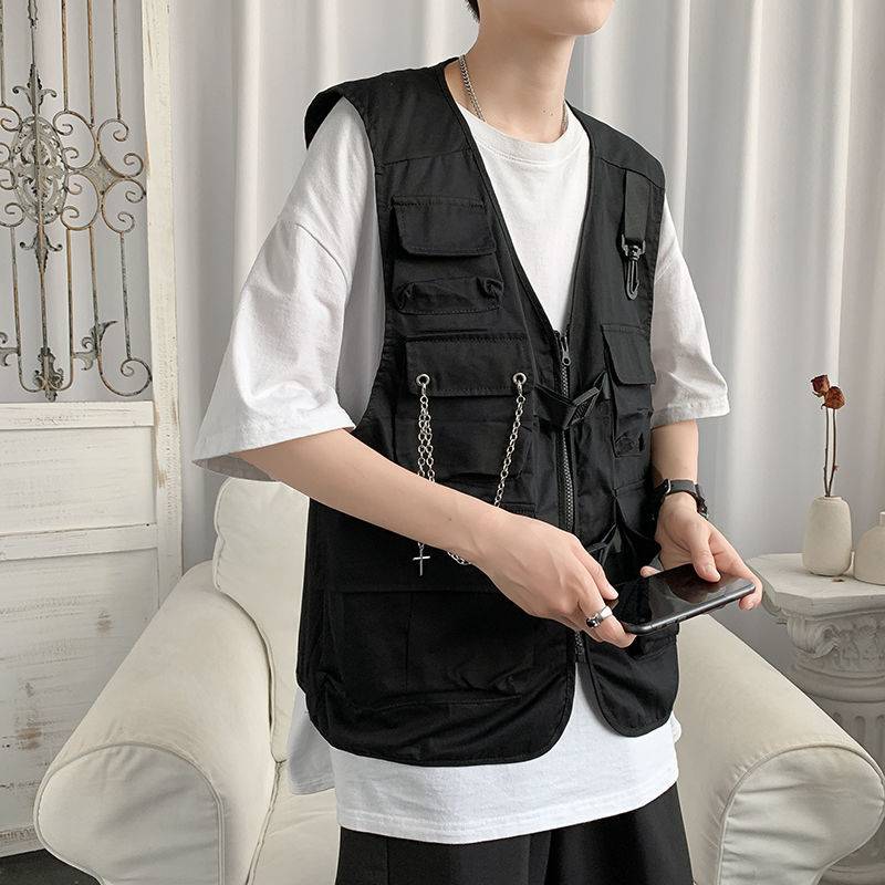 Casual Fashion Men Vest Streetwear Punk Cargo Vest Mult Practical Pockets Men Jackets Sleeveless Techwear 4 Seasons Men Clothing 