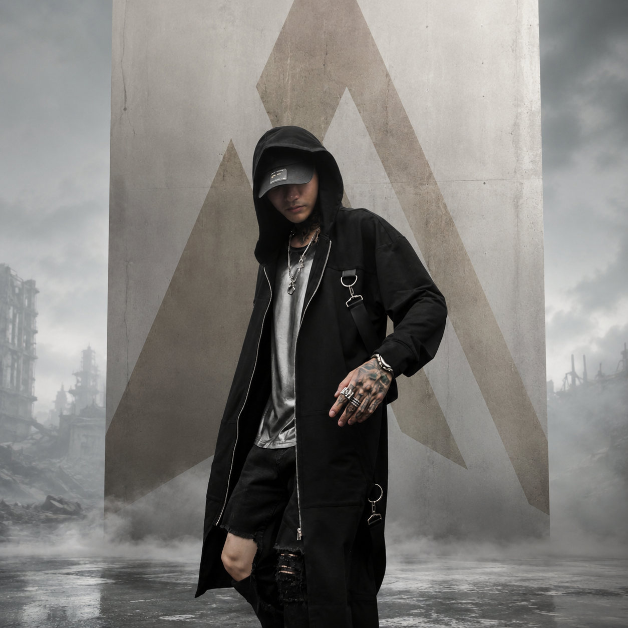 Casaco techwear gótico com capuz
