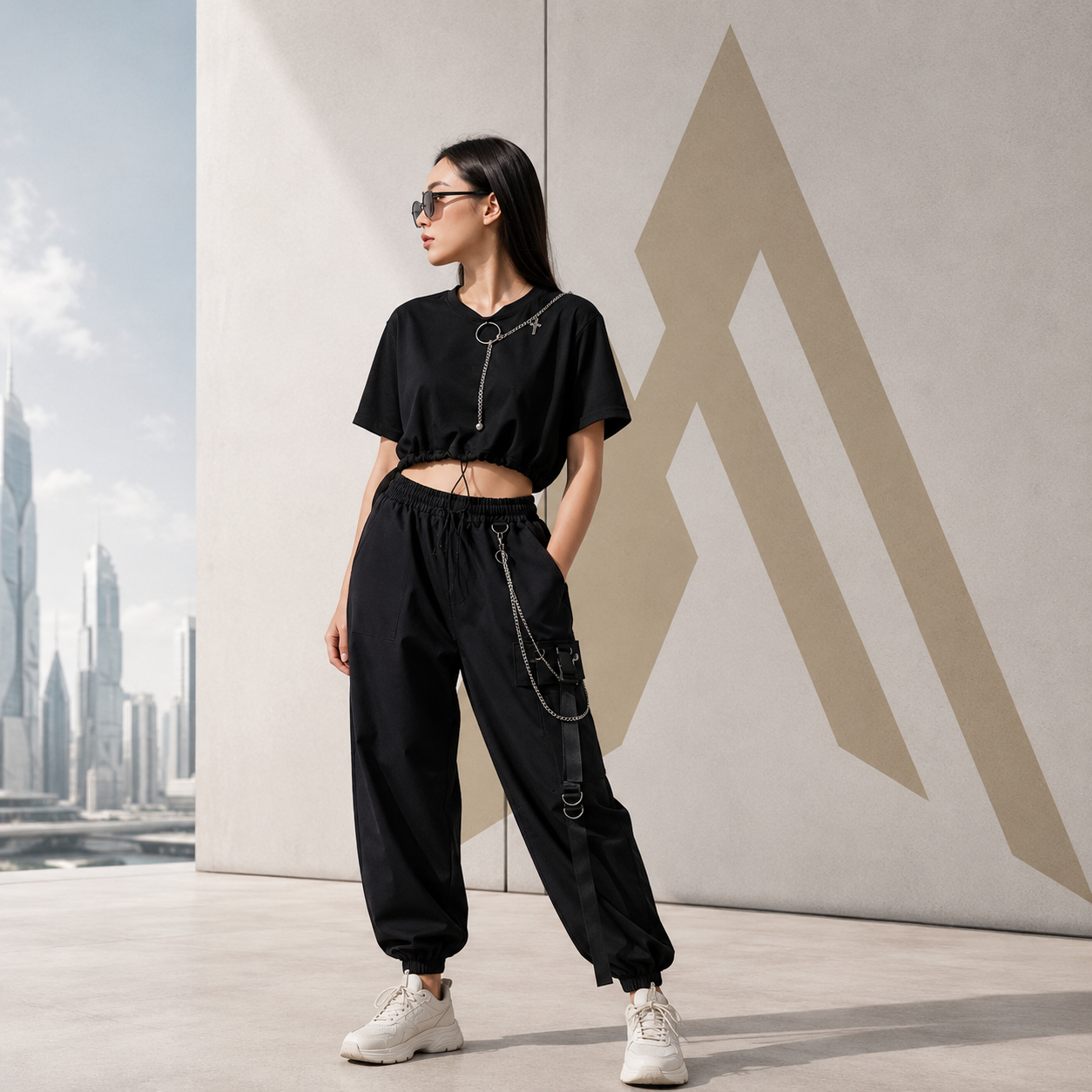 Damski komplet techwear: spodnie cargo i crop bluza