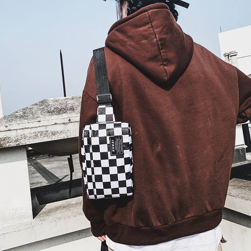 Couple Chest Bag Boy Nylon Shoulder Bags Student Hipster Cool Girl Check Plaid Black and White Phone Pouch Fanny Pack Street 