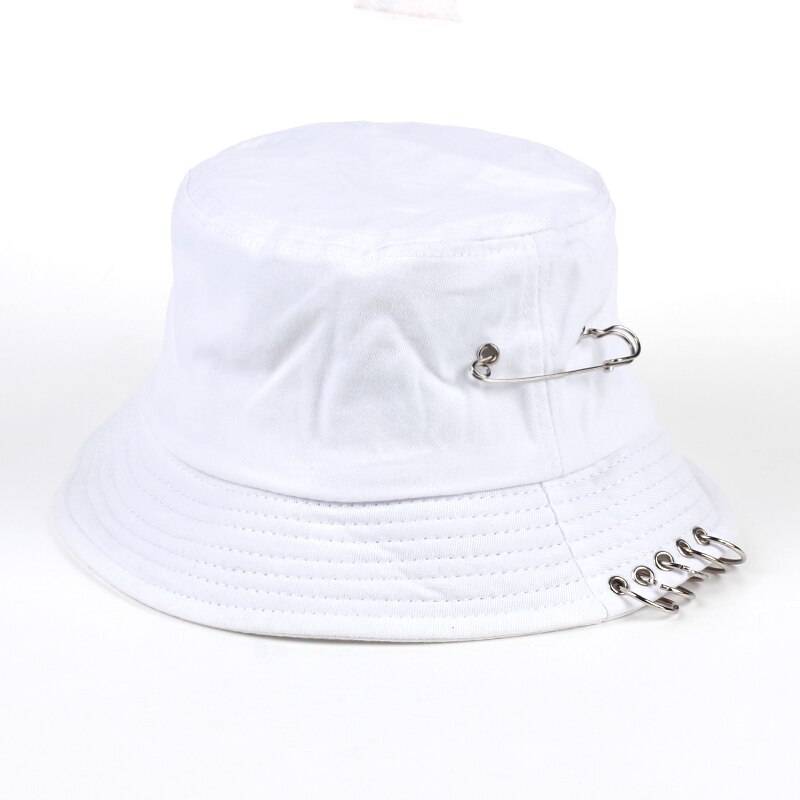 Fishermen Caps Solid Color Iron Pin Rings Personality Bucket Hat Cap for Unisex Women Men Cotton Factory Sells Directly 