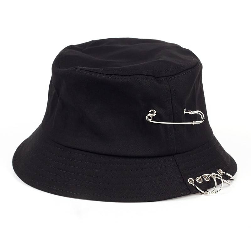 Fishermen Caps Solid Color Iron Pin Rings Personality Bucket Hat Cap for Unisex Women Men Cotton Factory Sells Directly 