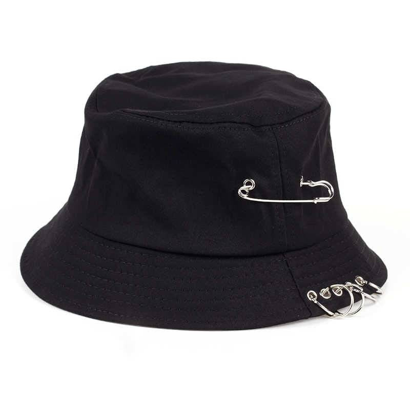 Fishermen Caps Solid Color Iron Pin Rings Personality Bucket Hat Cap for Unisex Women Men Cotton Factory Sells Directly color: black 