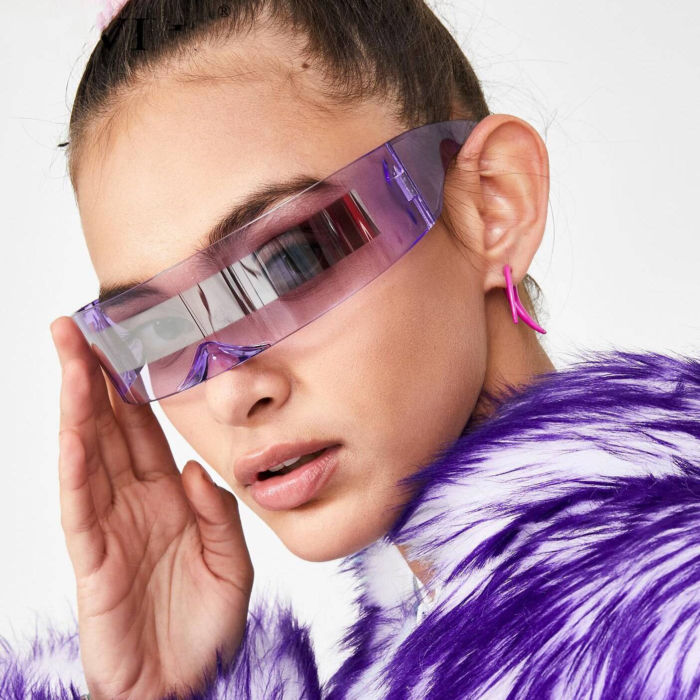 Futuristic Luxury Super Cool Sunglasses Women Weird Siamese Fashion Glasses Vintage Sunglasses Lenses Color: Violet - Stripe 