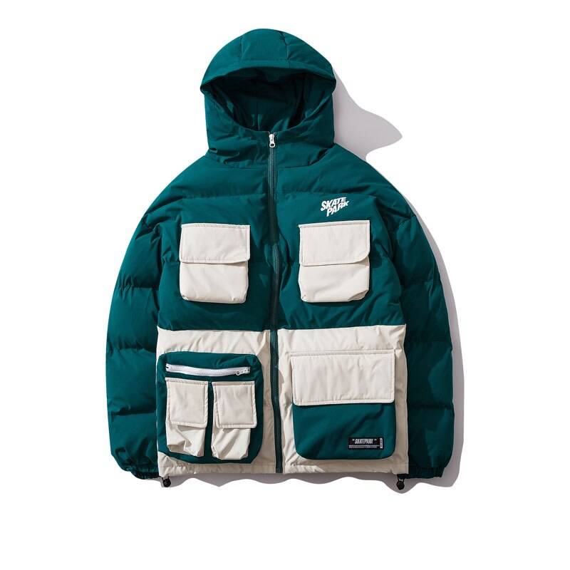 GONTHWID Mulit Pockets Color Block Patchwork Hooded Parkas Streetwear Harajuku Hip Hop Casual Cotton Padded Thick Jackets Coats color: Green Blue size: XL 
