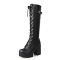Gdgydh Hot Sale Spring Autumn Lacing Knee High Boots Women Fashion White Square Heel Woman Leather Shoes Winter PU Large Size 43 color: black shoes Shoe Size: 8 