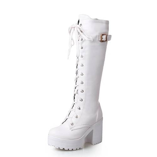 Gdgydh Hot Sale Spring Autumn Lacing Knee High Boots Women Fashion White Square Heel Woman Leather Shoes Winter PU Large Size 43 color: white shoes Shoe Size: 4.5 