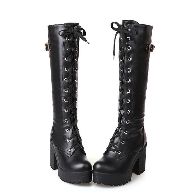 Gdgydh Hot Sale Spring Autumn Lacing Knee High Boots Women Fashion White Square Heel Woman Leather Shoes Winter PU Large Size 43 