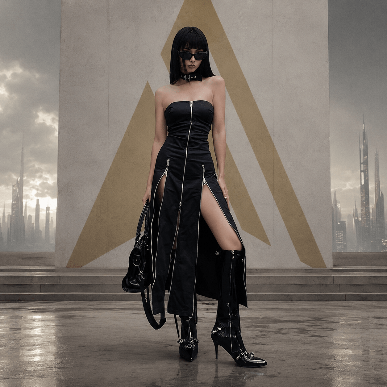 Goth Dark Techwear Zip Up Midi Dress