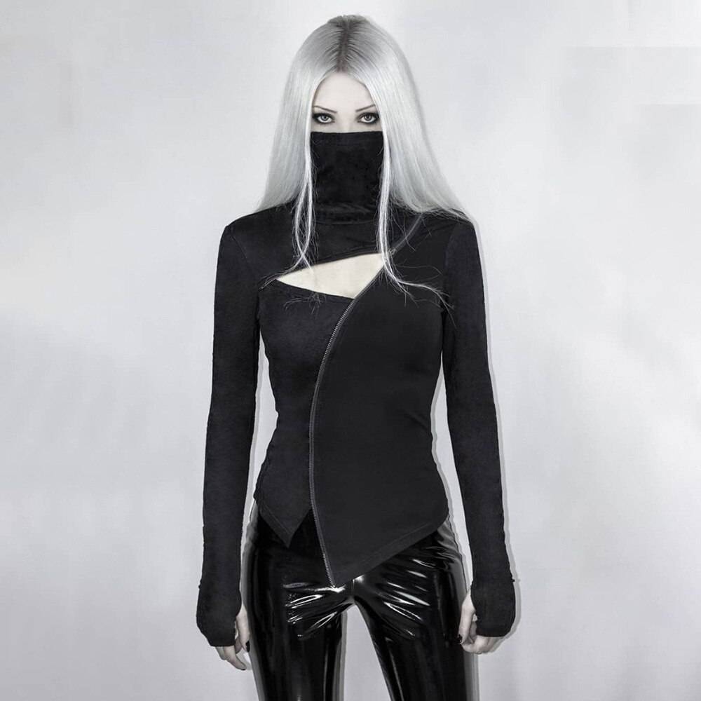Gothic Black Hollow Out Slim Long Sleeve T-shirt Women Casual Zipper Open Turtleneck Techwear Tees 