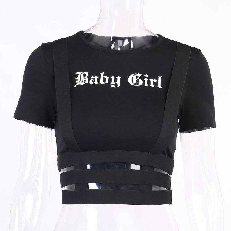 Gothic Crop Top T-Shirt Women Sexy Punk Club Tshirt Goth Streetwear Y2K Harajuku Tee Techwear 