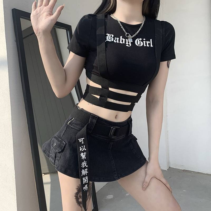 Gothic Crop Top T-Shirt Women Sexy Punk Club Tshirt Goth Streetwear Y2K Harajuku Tee Techwear 