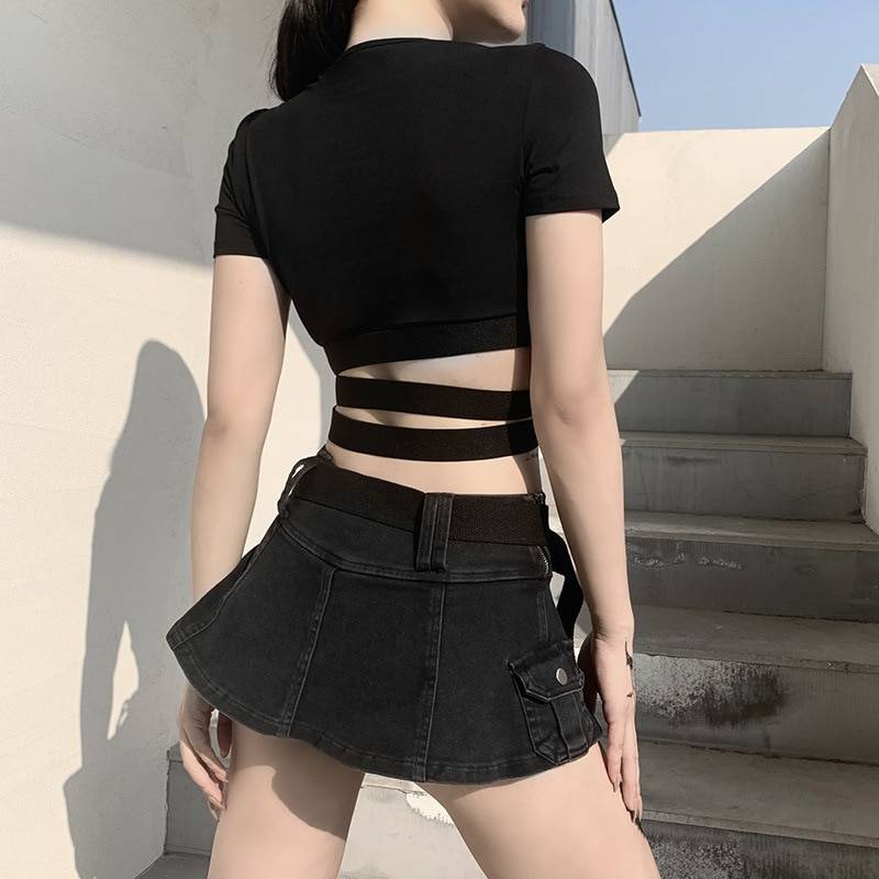 Gothic Crop Top T-Shirt Women Sexy Punk Club Tshirt Goth Streetwear Y2K Harajuku Tee Techwear 