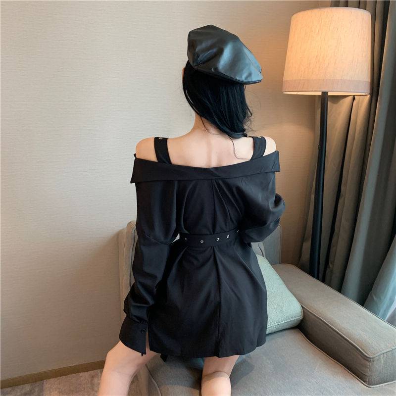 Gothic Dress Black Sexy Shirt Mini Dresses with Belt Summer Punk Long Sleeve Strap Off Shoulder Colthes Female Party Vestidos 