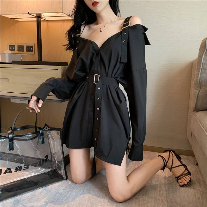 Gothic Dress Black Sexy Shirt Mini Dresses with Belt Summer Punk Long Sleeve Strap Off Shoulder Colthes Female Party Vestidos 