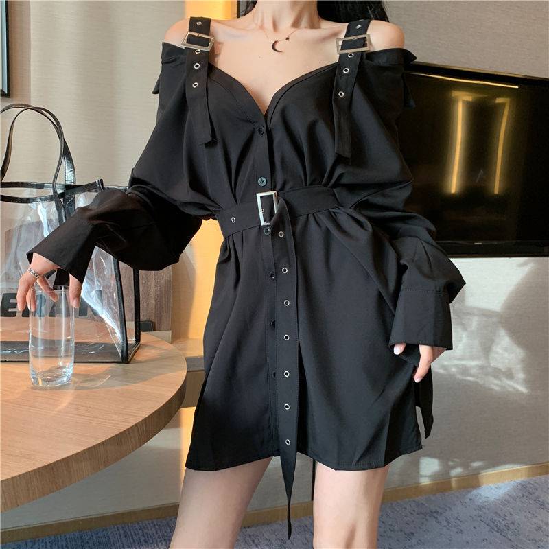 Gothic Dress Black Sexy Shirt Mini Dresses with Belt Summer Punk Long Sleeve Strap Off Shoulder Colthes Female Party Vestidos 