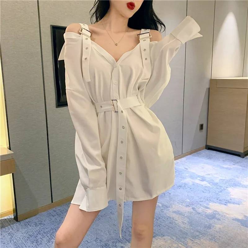 Gothic Dress Black Sexy Shirt Mini Dresses with Belt Summer Punk Long Sleeve Strap Off Shoulder Colthes Female Party Vestidos 