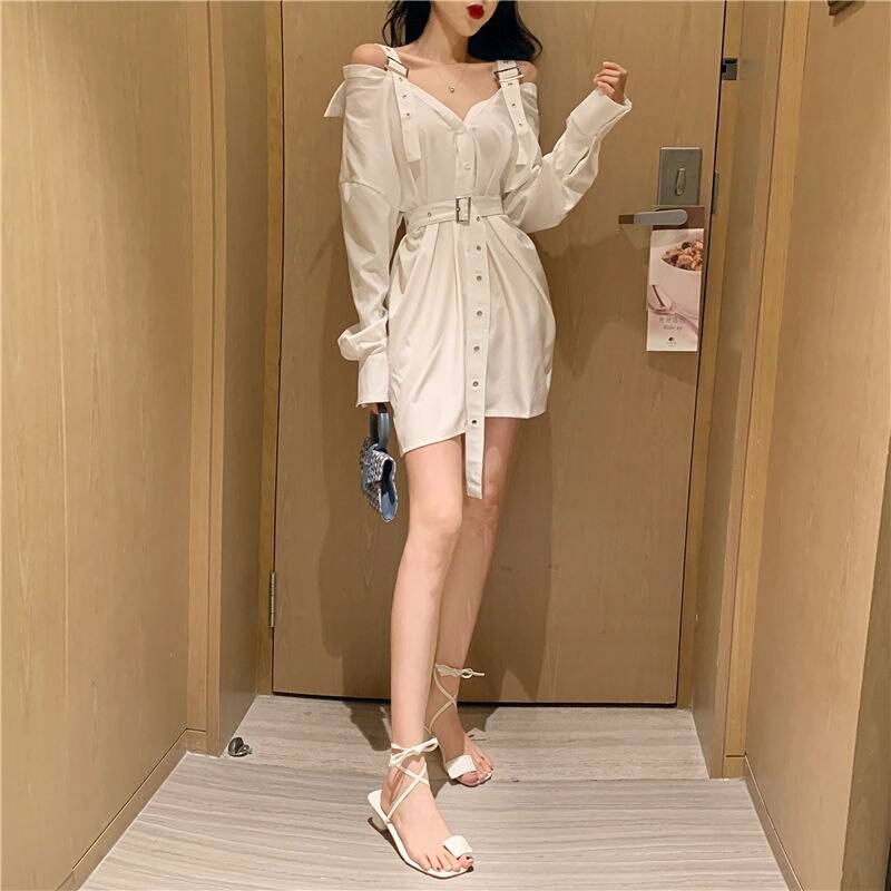 Gothic Dress Black Sexy Shirt Mini Dresses with Belt Summer Punk Long Sleeve Strap Off Shoulder Colthes Female Party Vestidos 