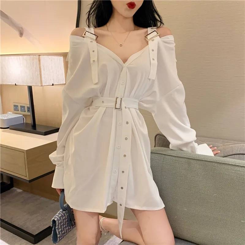 Gothic Dress Black Sexy Shirt Mini Dresses with Belt Summer Punk Long Sleeve Strap Off Shoulder Colthes Female Party Vestidos color: White size: S 
