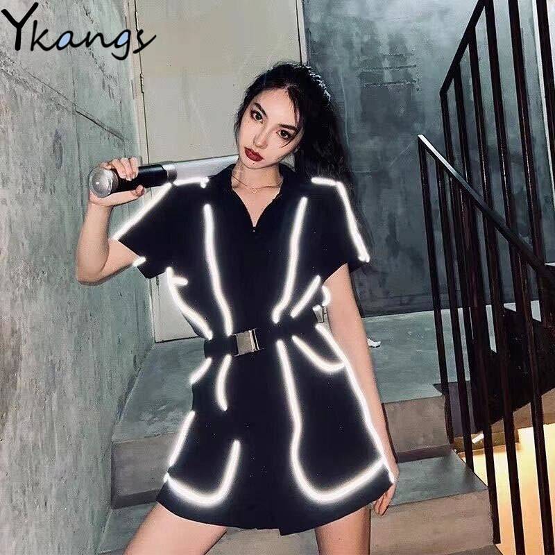 Gothic Hip Hop Reflective Strip Middle Zipper Turtleneck Playsuit Women Fall Streetwear Pocket Belt Straight Rompers Streetwear color: black size: M 