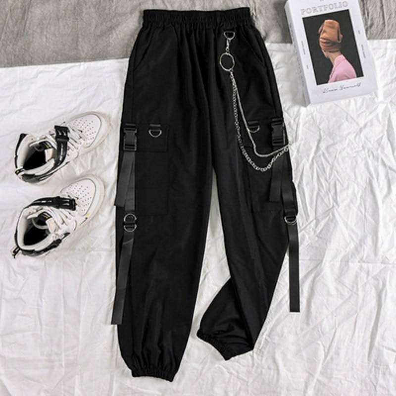 Gothic Women Black Cargo Pants Harajuku Punk Chain Trousers Female Hip Hop Mall Goth Streetwear Techwear Egirl Grunge Women's Techwear Cargo Pants Women's Techwear Pants Black Techwear Cheap Techwear Techwear Fashion &amp; Clothing Techwear for Girls Techwear for Women 