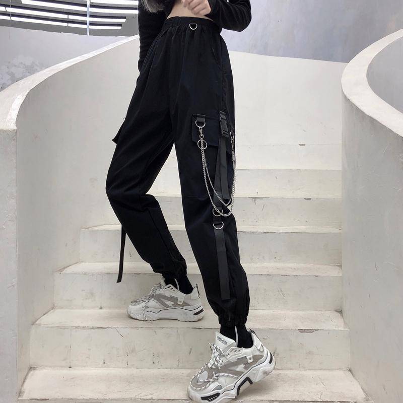 Gothic Women Black Cargo Pants Harajuku Punk Chain Trousers Female Hip Hop Mall Goth Streetwear Techwear Egirl Grunge Women's Techwear Cargo Pants Women's Techwear Pants Black Techwear Cheap Techwear Techwear Fashion &amp; Clothing Techwear for Girls Techwear for Women 